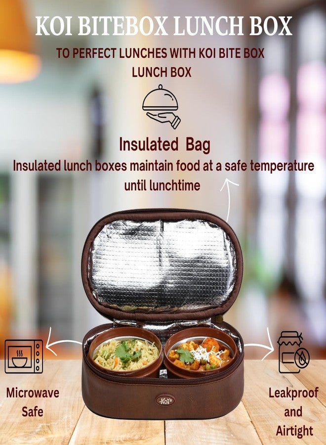 كوي طقم علبتي غداء أفقيتين من KOI Bitebox: مانعة للتسرب وآمنة للاستخدام في الميكروويف، تحتوي على حاويتين داخليتين من الفولاذ (450 مل)، وحقيبة قماشية معزولة لحفظ الوجبة كاملة، سهلة الحمل (بني ممبيس). - Image 3